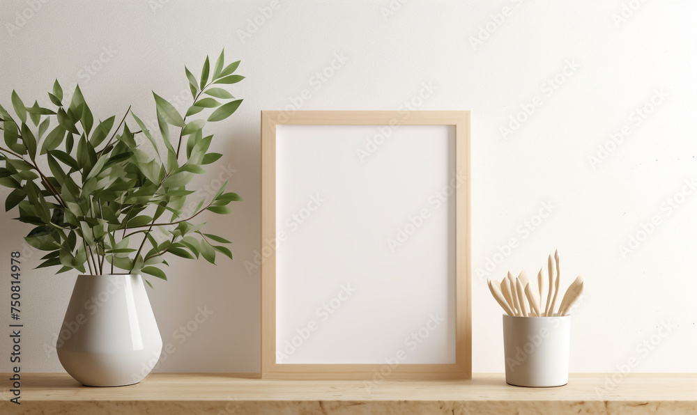 a wooden board and a framed poster mock up with green leaves on it сreated with Generative Ai a wooden board and a framed poster mock up with green leaves on it сreated with Generative Ai