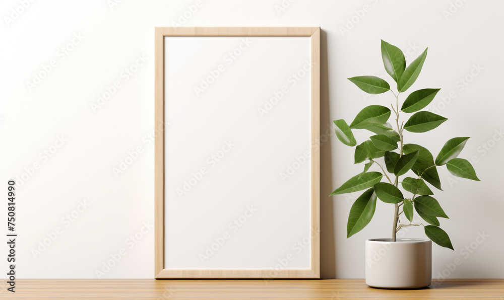 a wooden board and a framed poster mock up with green leaves on it сreated with Generative Ai a wooden board and a framed poster mock up with green leaves on it сreated with Generative Ai