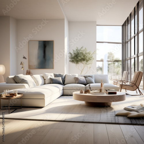 A modern living room with an oversized sectional  an accent chair  and an area rug