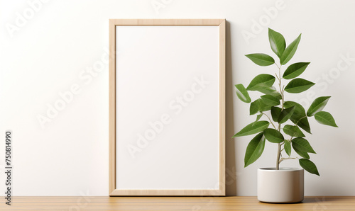 a wooden board and a framed poster mock up with green leaves on it сreated with Generative Ai © Andrii Yablonskyi