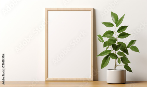 a wooden board and a framed poster mock up with green leaves on it сreated with Generative Ai