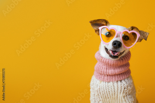 Beaming with joy, a dog in heart-shaped glasses and a pastel sweater is pure delight © Fxquadro