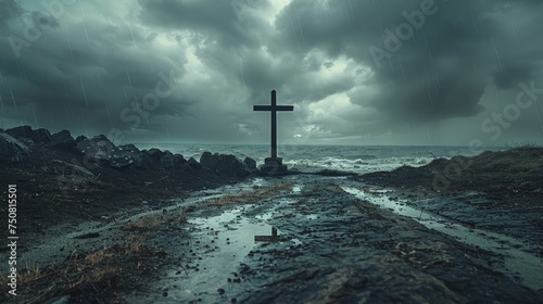 Dramatic stormy skies frame the rugged cross on Good Friday, setting a solemn and powerful scene. photo