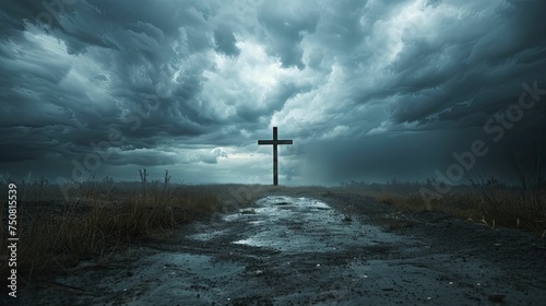 Dramatic Good Friday scene: stormy skies, rugged cross, and a border like no other. photo