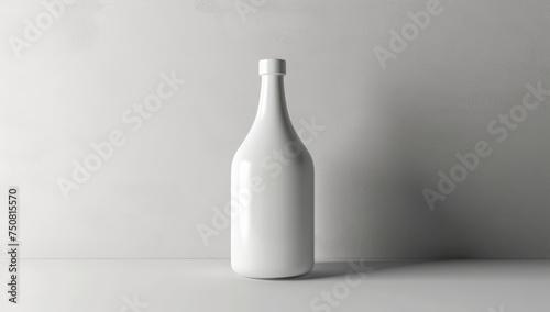 A white bottle is placed on top of a white table in a simple and minimalist composition. © pham