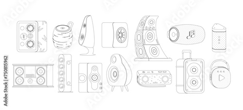 Set Of Modern Loudspeakers Outline Vector Icons Set. Sleek, Minimalist Designs Showcasing Various Speaker Types