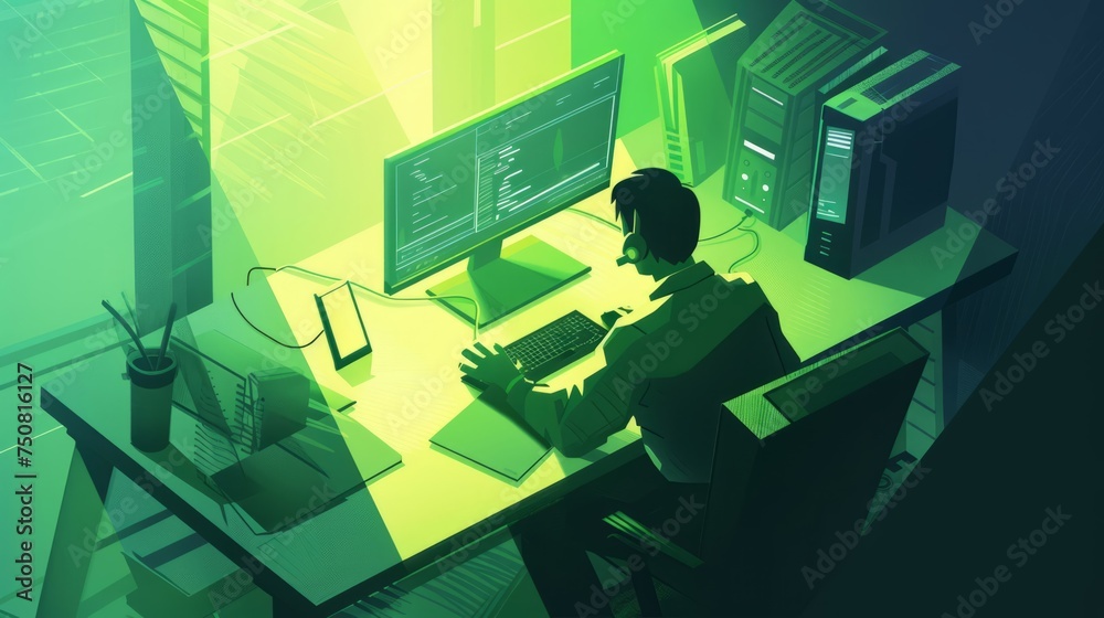 man sitting at a computer desk making a phone call man sitting at a computer desk making a phone call