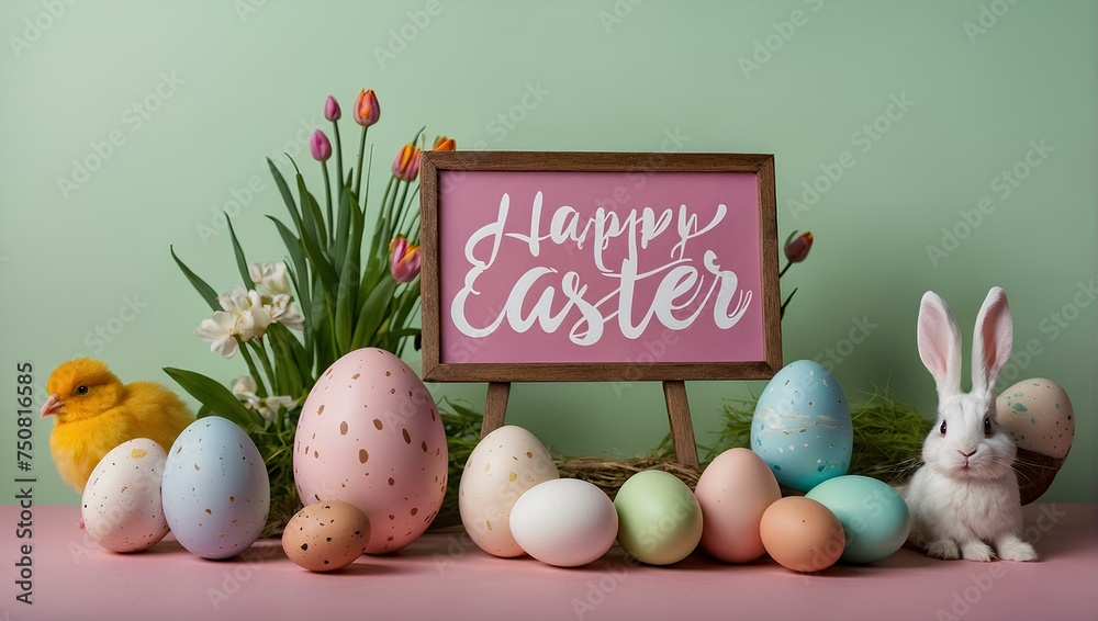 easter card with bunny and eggs.happy easter  on a pink and green. - obrazy, fototapety, plakaty 