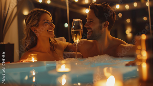 Couple enjoying romantic moments in the bathtub while drinking wine photo