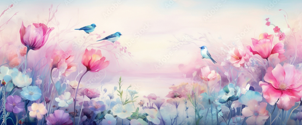 Whimsical gradient garden with blooming flowers and chirping birds, portraying the cutest and most beautiful botanical setting.