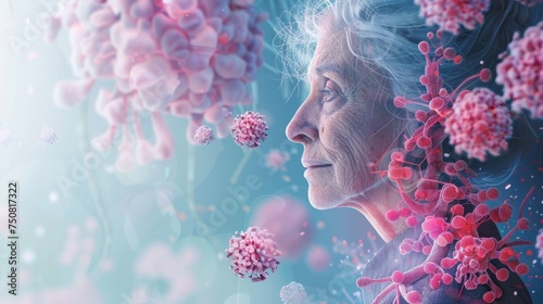 Digital art of an elderly woman with viral particles highlighting the concept of aging and susceptibility to infections photo