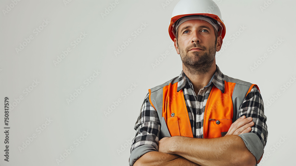 Construction worker with a hard hat and reflective vest crossing arms confidently.