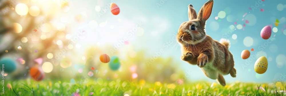 Easterbunny jumping on a Green and Very Warm Field with Easter Eggs and Colors Popping Background created with Generative AI Technology - obrazy, fototapety, plakaty 