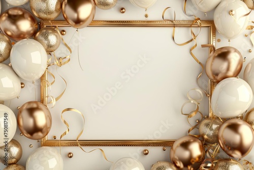 Elegant golden frame surrounded by luxurious white and gold balloons on a festive background