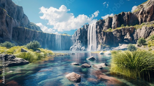 A cascading waterfall flowing down rugged cliffs, blending into a tranquil river beneath a picturesque blue sky.