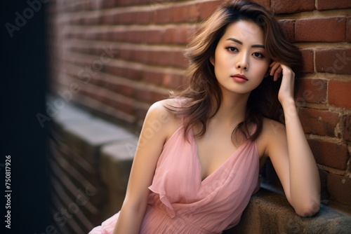 a woman in a pink dress leaning against a brick wall
