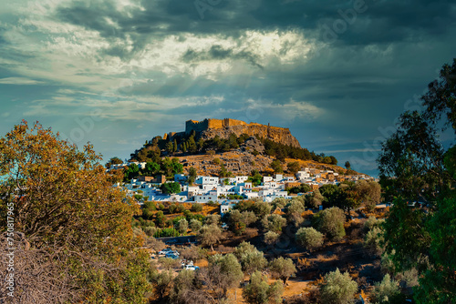 The majestic Lindos Acropolis and old town. © M-Production