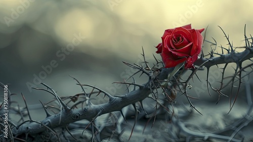 Amidst thorns, a lone red rose marks the poignant Good Friday scene. photo