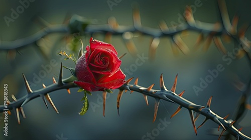 A single red rose amidst thorns in a poignant Good Friday scene. photo