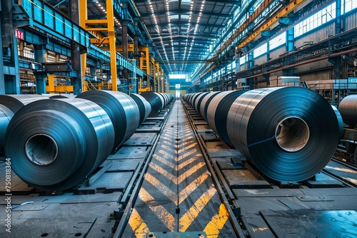 Industrial rolls of steel sheet in a factory setting Highlighting the manufacturing process and storage
