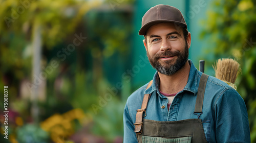 Cheerful landscaper in overalls with a brush, ready for garden maintenance.