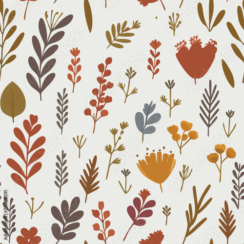 Watercolor vintage flowers seamless pattern with boho branches and gold leaves on white background. For boho or rustic style decoration.
