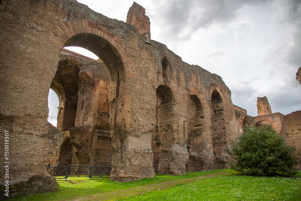 Remains of the Domus Severiana and the ancient Roman baths at the Palatine archaeological park in Rome, Italy.