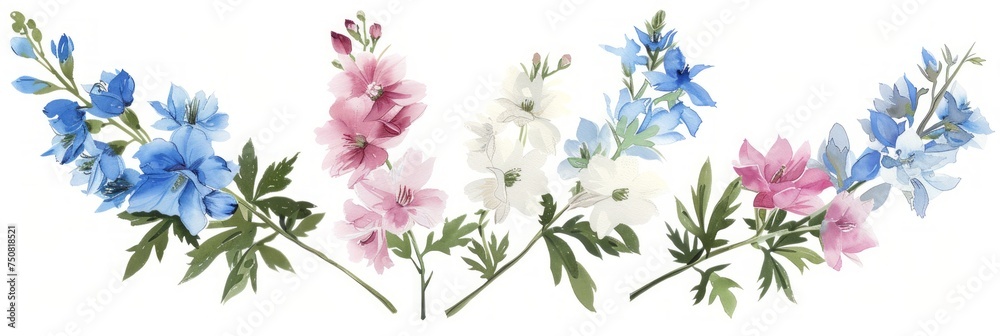 Pastel Delphiniums Watercolor Set on White Background Generative AI