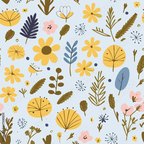 Watercolor vintage flowers seamless pattern with boho branches and gold leaves on white background. For boho or rustic style decoration.
