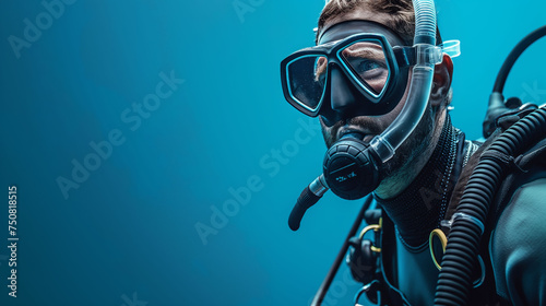 Diver in full scuba gear poised for an underwater excursion. © Sergei