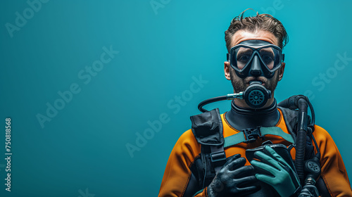 Diver in scuba gear, portraying readiness for underwater exploration. © Sergei