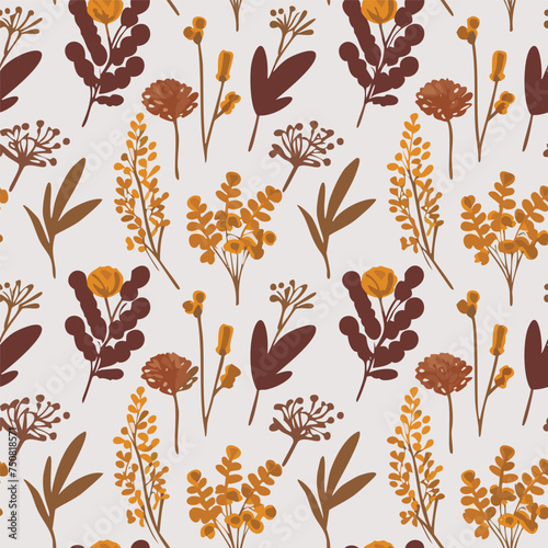 Watercolor vintage flowers seamless pattern with boho branches and gold leaves on white background. For boho or rustic style decoration.
