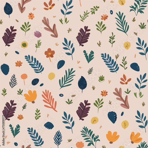 Watercolor vintage flowers seamless pattern with boho branches and gold leaves on white background. For boho or rustic style decoration.

