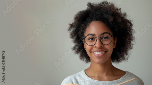 Casual young woman with glasses smiling, reflecting ease and simplicity. photo