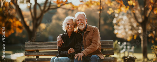 happy sweet senior husband and wife sitting on wooden bench in city part with copy space, concept of retirement life, happy and healthy lifestyle. photo