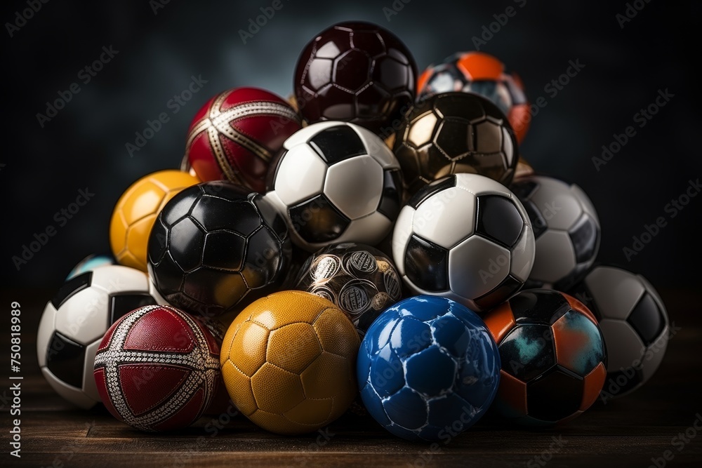 Many different sport balls on dark wooden table against black background, space for text - obrazy, fototapety, plakaty 