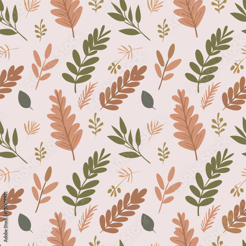 Watercolor vintage flowers seamless pattern with boho branches and gold leaves on white background. For boho or rustic style decoration.
