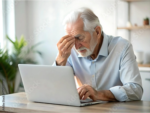 Tired mature man. A pensioner suffers from a headache and dizziness after working at the computer. Problems with vision. photo