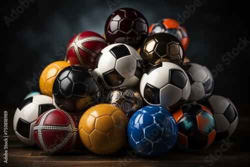 Many different sport balls on dark wooden table against black background, space for text