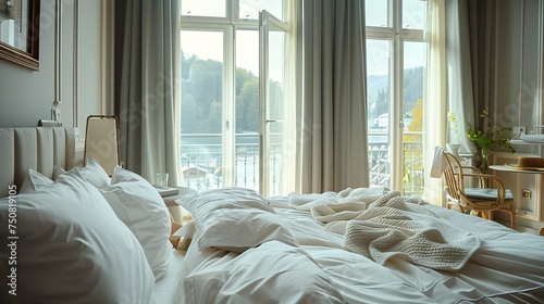 Bed with White Sheets in a Swiss-style Interior with a View