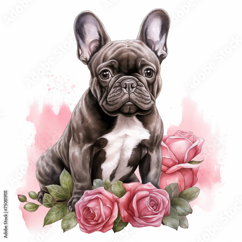 Watercolor illustration of a French Bulldog dog with pink roses.