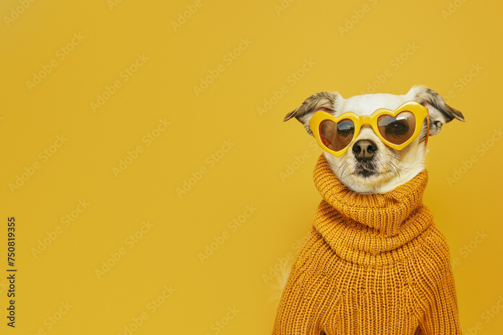 A small Chihuahua dons heart-shaped sunglasses and a cozy sweater, exuding love and warmth on a yellow background