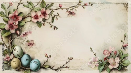 Vintage postcard style Easter Monday frame showcases old fashioned egg illustrations in charming design. photo