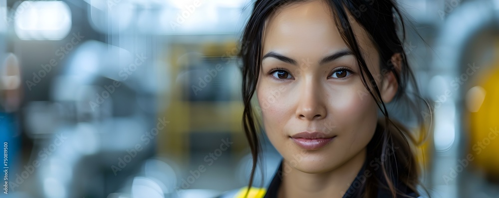 Protecting Safety and Diversity: An Asian Female Security Guard at a Water Treatment Plant. Concept Security Guard, Water Treatment Plant, Women in Security, Diversity, Asian Representation