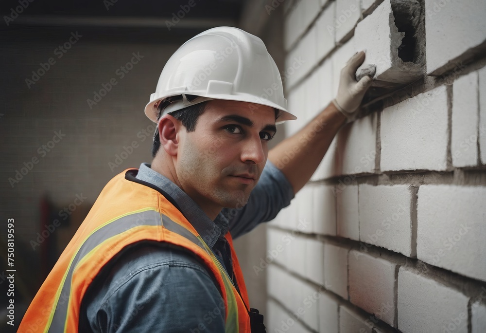 Worker puts a white brick on a construction site Worker puts a white brick on a construction site