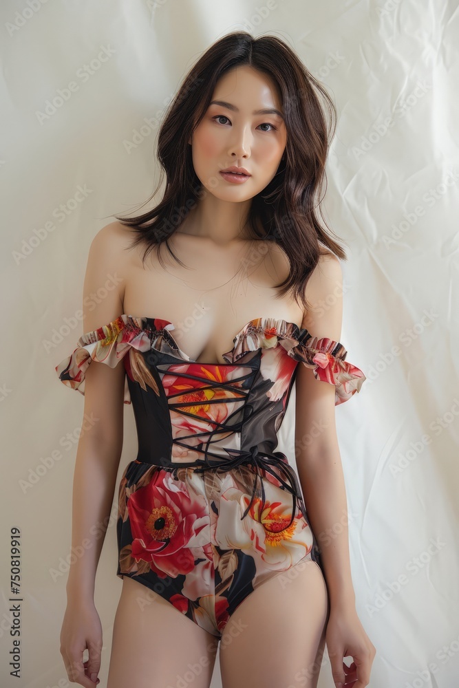 A woman wearing a floral print swimsuit strikes a pose for a picture at the beach, showcasing confidence and style. A woman wearing a floral print swimsuit strikes a pose for a picture at the beach, showcasing confidence and style.