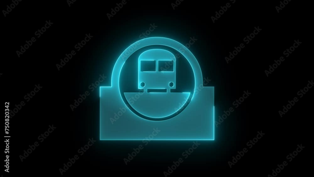 Metro rail icon glowing neon cyan color animation black background Metro rail icon glowing neon cyan color animation black background