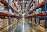 Warehouse interior with rows of shelves stocked with goods Representing the logistics and distribution industry