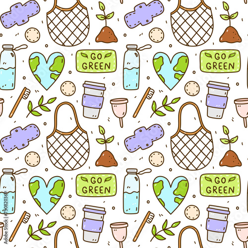 Cute seamless pattern with recycle and reusable products - glass water bottle, coffee cup, mesh bag, textile pads and cotton pads, menstrual cup and others.Zero waste,Save the Planet, Go green concept