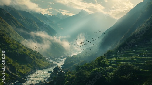 A cinematic view capturing the spellbinding allure of streams descending from towering peaks, embracing charming villages, as graceful birds adorn the scene with their mesmerizing flight. © The Image Studio